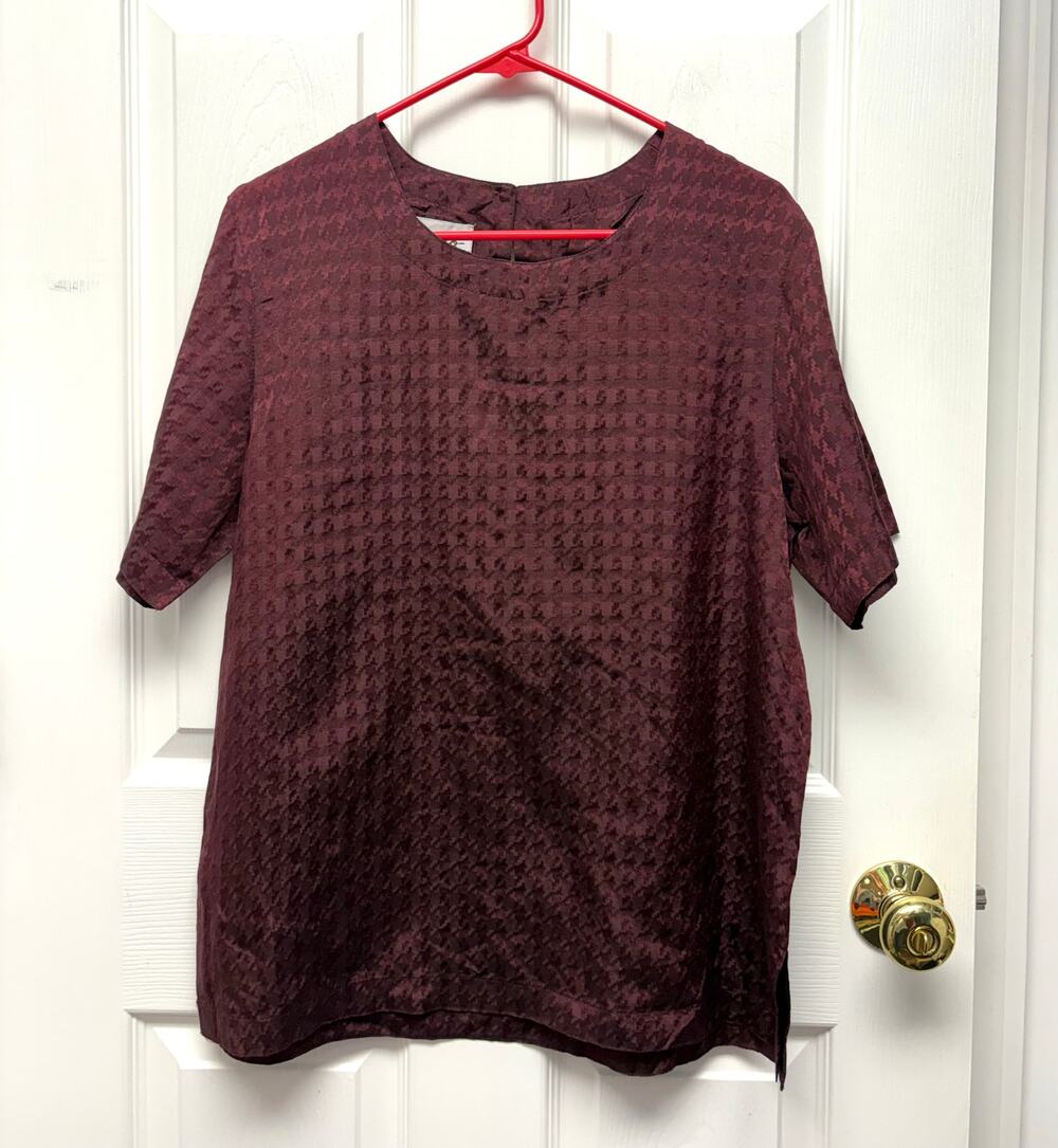 Kunto Blouse Burgundy Silk Cotton Tunic Length Textured Crew Neck Womenās Size M